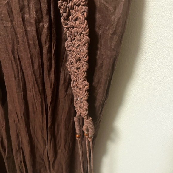 NEW. Reba Size 8 Brown Crinkle Look Ramie Loose Fit Pants With Macrame Belt - Picture 4 of 16